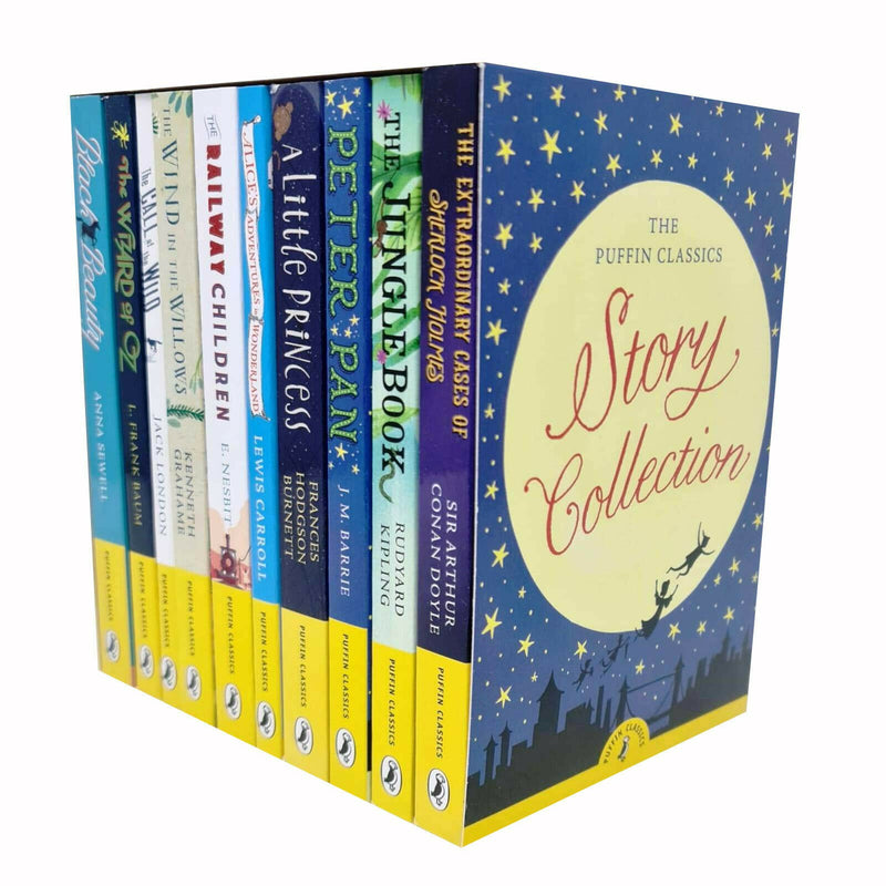 Set of ten Puffin Books Classics Story Collection including Sherlock Holmes, featuring colorful covers and classic literature titles.