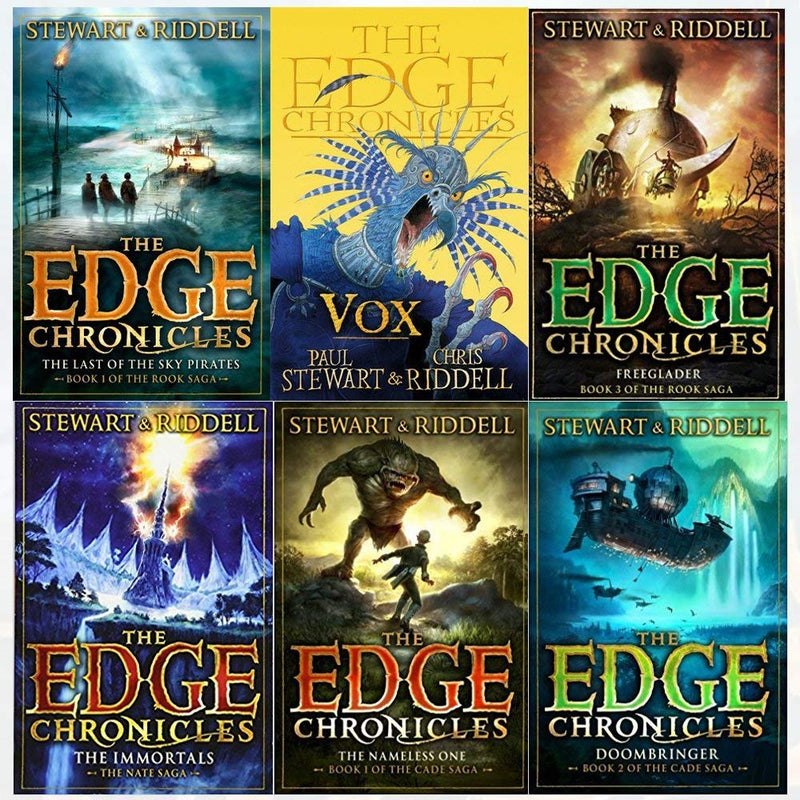 Six paperback books from The Edge Chronicles collection by Paul Stewart and Chris Riddell, featuring colorful cover art.