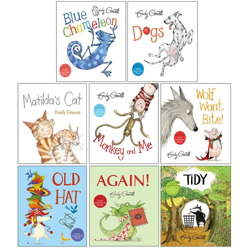 Emily Gravett collection of 8 children's books by Two Hoots, featuring colorful illustrations from Tidy, Again, and other titles.