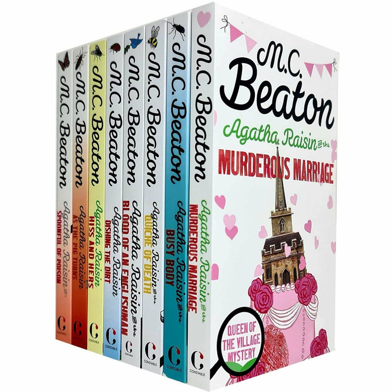 Agatha Raisin Series 8 books collection set by M C Beaton, paperback fiction detective novels, featuring colorful book covers.