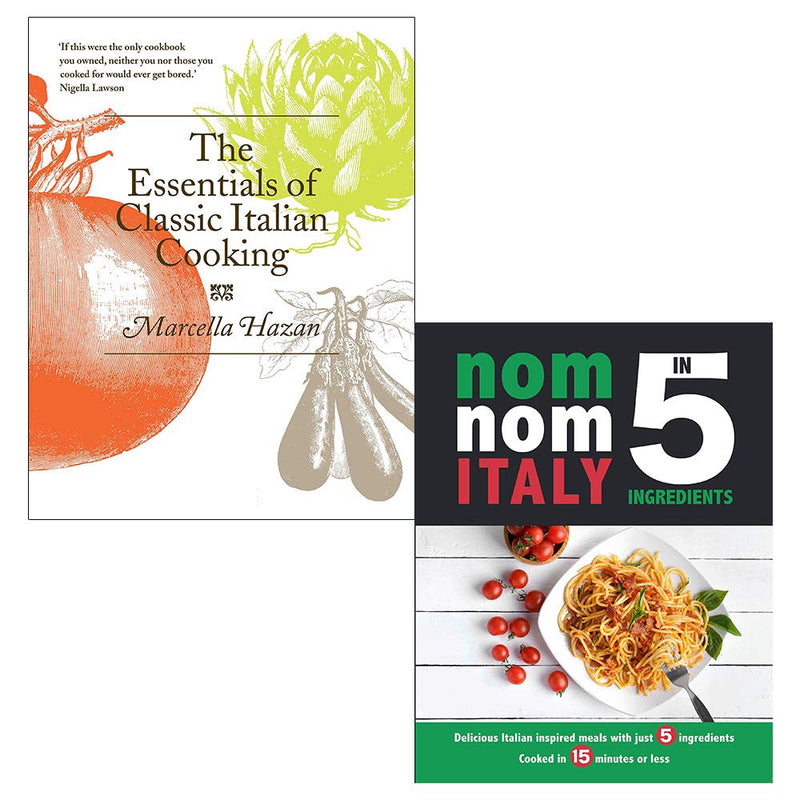 Two cookbook books from the Essentials of Classic Italian Cooking and Nom Nom Italy collection by Marcella Hazan and Iota Publishing.