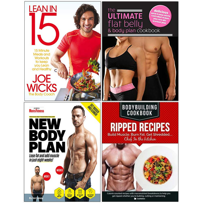Set of four Lean In 15 books by Joe Wicks, The Body Coach, in paperback with blue covers, displayed together.