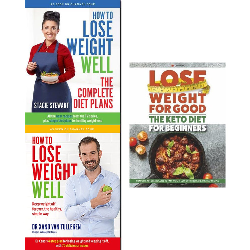 Set of three paperback diet books including Keto diet for beginners by Stacie Stewart, focusing on weight loss and healthy eating.