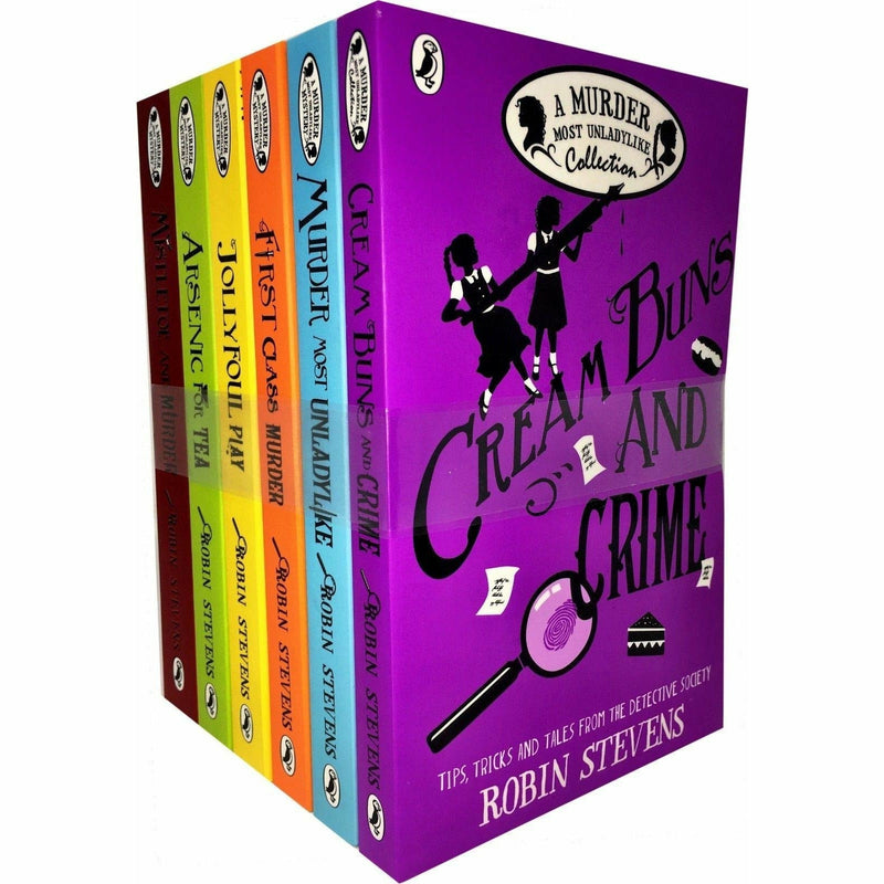 Six paperback mystery books from the A Murder Most Unladylike collection by Robin Stevens, fiction Puffin series.