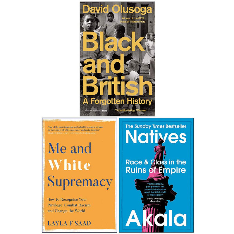 Set of three paperback books on British history, white supremacy, and Native issues by David Olusoga, Layla Saad, and Akala.