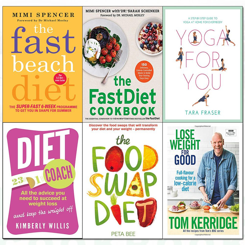 Set of six nonfiction books on weight loss, beach diet, and fast dieting by Tom Kerridge and Iota Publishing, featuring cookbook and health tips.