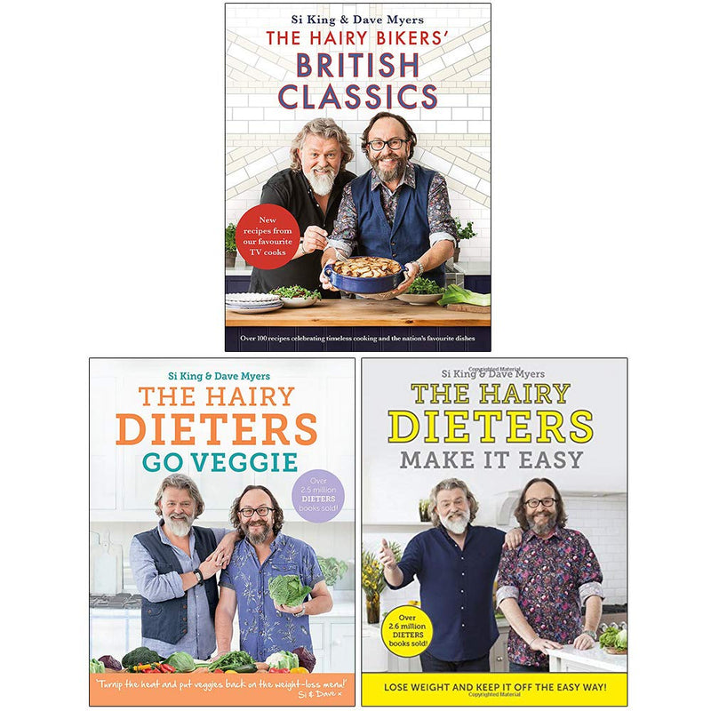 Set of two Hairy Bikers cookbooks, featuring British classics and vegetarian recipes, with colorful cover images.