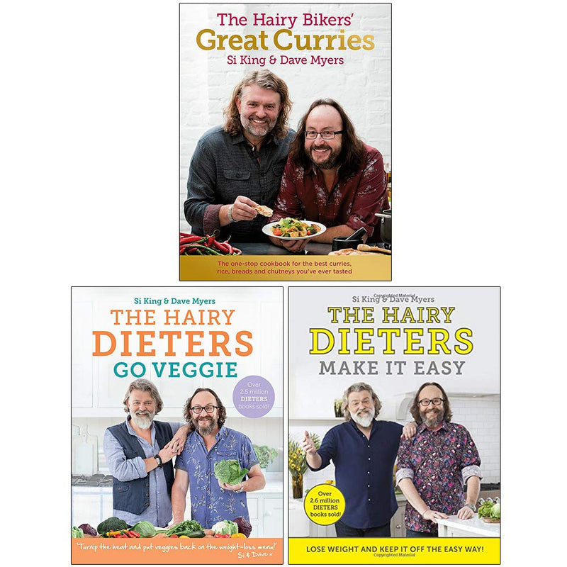 The Hairy Bikers' Great Curries 3-Book Collection set by the Hairy Bikers, featuring colorful covers and curry recipes.