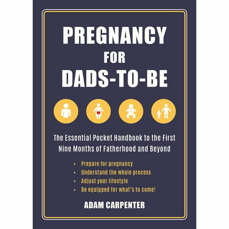 Paperback book titled "Pregnancy for Dads-to-Be" by Adam Carpenter, featuring a blue cover with pregnancy-related illustrations.
