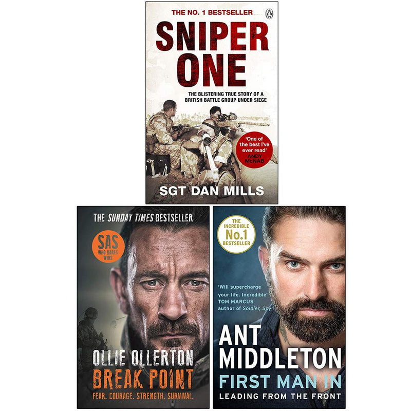 Sniper One, Break Point SAS, First Man In book collection set by Sgt. Dan Mills, Ollie Ollerton, and Ant Middleton, paperback edition.