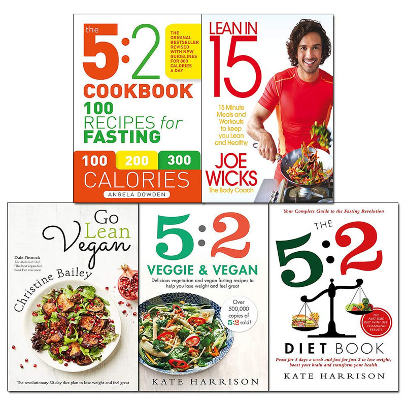 Set of five Joe Wicks "Lean in 15" diet and vegan cookbooks, featuring colorful paperback covers with healthy meal images.