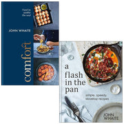 Two hardcover books by John Whaite, "Comfort Food" and "A Flash in the Pan," from the Kyle Books collection, featuring colorful cover art.