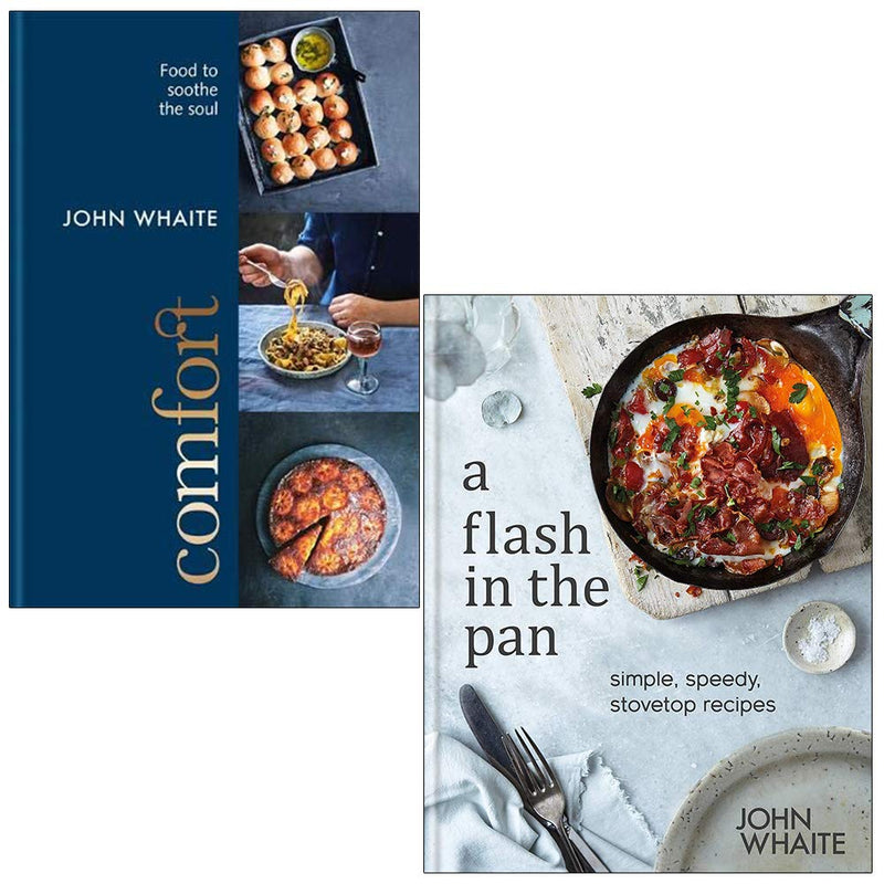 Two hardcover books by John Whaite, "Comfort Food" and "A Flash in the Pan," from the Kyle Books collection, featuring colorful cover art.