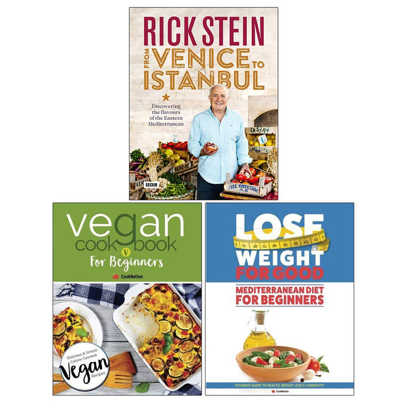 Collection of three vegan cookbooks by Rick Stein and Iota Publishing, featuring recipes inspired by Venice and Istanbul.