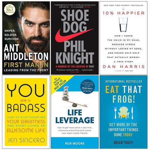First Man In [Hardcover], Shoe Dog, 10% Happier, You Are a Badass, Life Leverage, Eat That Frog 6 Books Collection Set - The Book Bundle