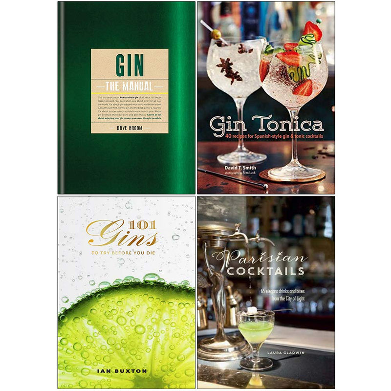 Collection of four hardcover gin books including Gin: The Manual and 101 Gins to Try Before You Die by Dave Broom, on a white background.
