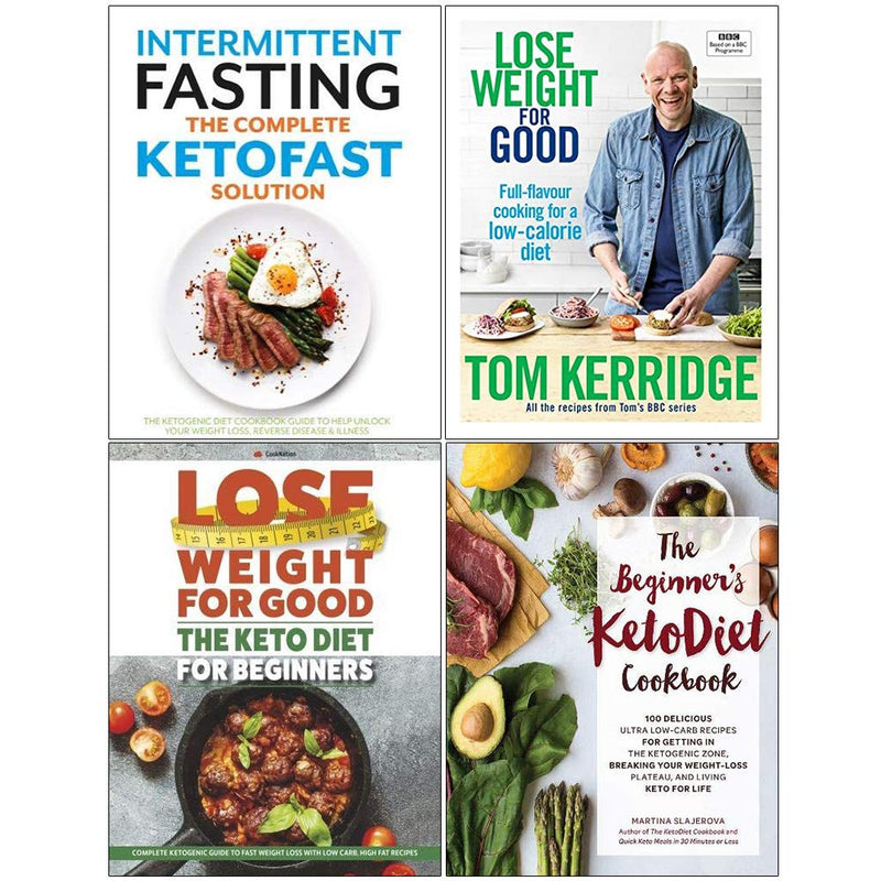 Set of four keto diet and weight loss books by Tom Kerridge and Iota Publishing, featuring colorful covers and varied formats.