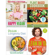 Set of four vegan cookbooks by Fearne Cotton, Iota Publishing, and Joe Wicks, featuring plant-based recipes and beginner-friendly tips.
