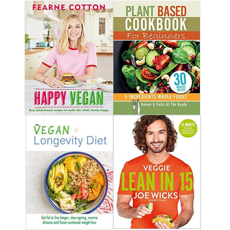 Set of four vegan cookbooks by Fearne Cotton, Iota Publishing, and Joe Wicks, featuring plant-based recipes and beginner-friendly tips.