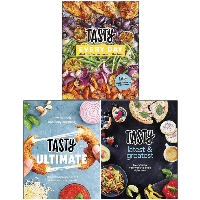 Set of three hardcover Tasty cookbooks including Tasty Every Day, Ultimate Cookbook, and Latest and Greatest collection by Tasty.