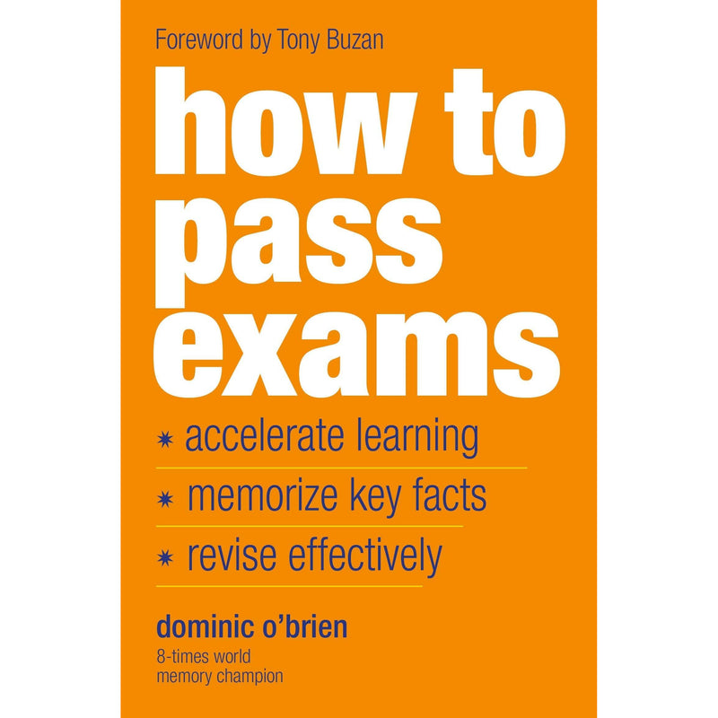 Paperback book titled "How To Pass Exams" by Dominic O'Brien, featuring tips on memorization and effective revision.