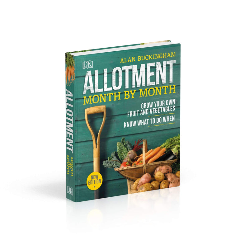 Hardcover copy of "Allotment Month by Month" by Alan Buckingham, featuring detailed illustrations of fruit and vegetable gardening.