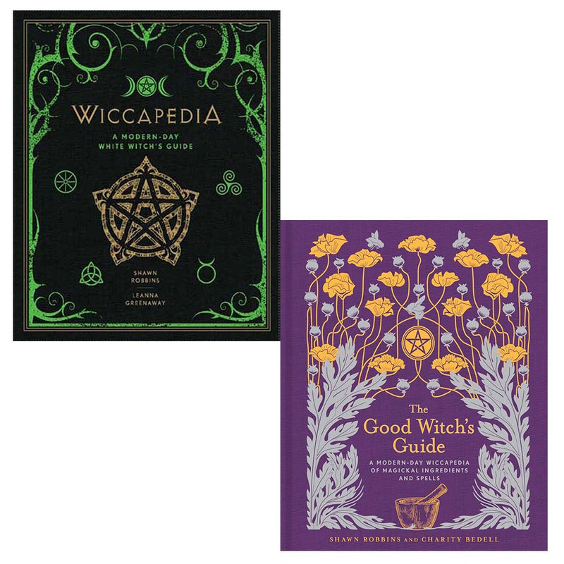 Sterling hardcover set of Wiccapedia and The Good Witch's Guide by Leanna Greenaway, Shawn Robbins, and Charity Bedell, featuring mystical symbols.