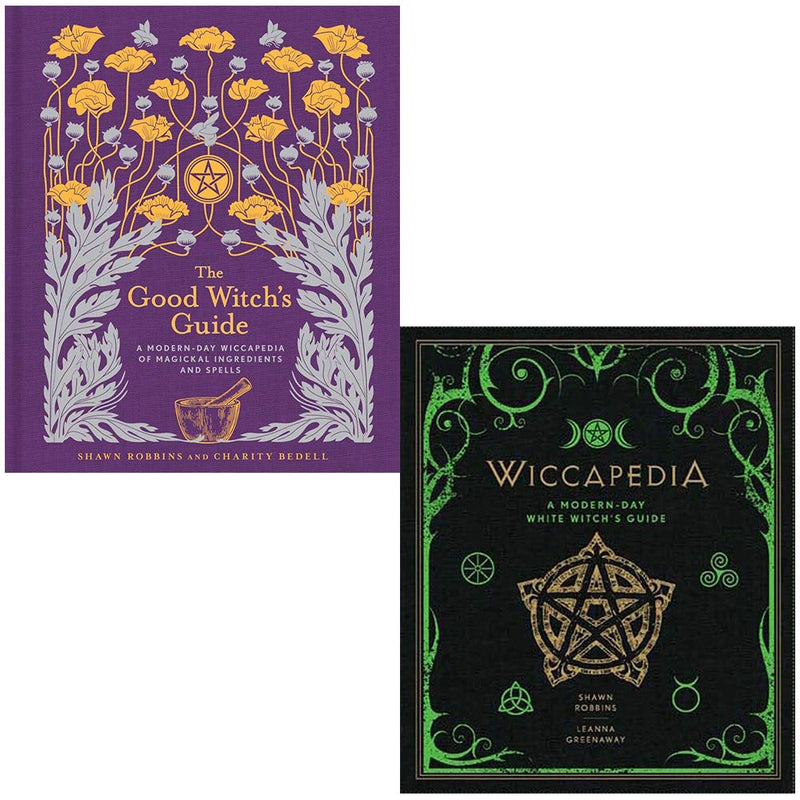 Sterling hardcover set of The Good Witch's Guide and Wiccapedia by Shawn Robbins, Charity Bedell, and Leanna Greenaway, featuring mystical symbols.
