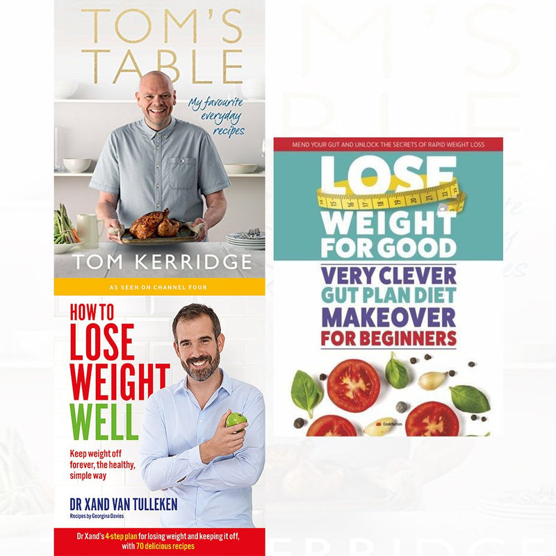 Set of three nonfiction books by Tom Kerridge, Dr. Xand van Tulleken, and Iota, including recipes and weight loss tips, in mixed formats.