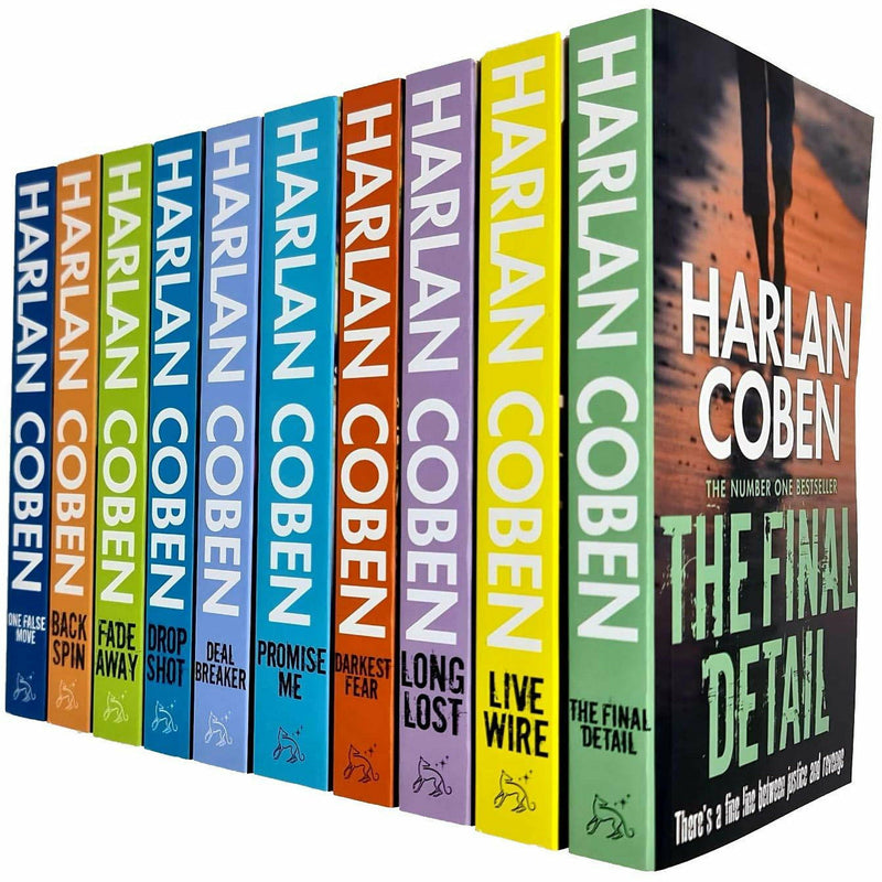 Set of 10 Harlan Coben Myron Bolitar series paperback books by Orion, featuring suspenseful fiction with colorful covers.