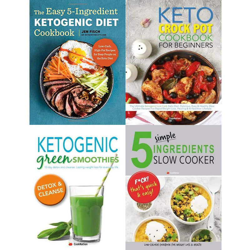 Set of four paperback ketogenic diet cookbooks by Iota Publishing, Martina Slajerova, and Jen Fisch, featuring easy 5-ingredient recipes.