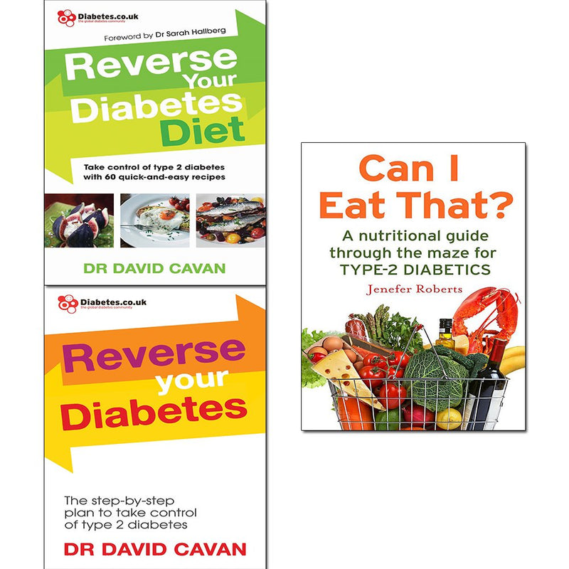Set of three paperback books by Dr. David Cavan and Jenefer Roberts on reverse diabetes diet and nutrition, featuring colorful covers.