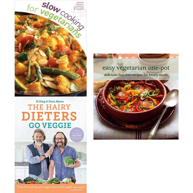 Set of three vegetarian slow cooking books by Annette Yates, featuring easy one-pot recipes, from Foulsham, Orion, and Ryland Peters & Small.
