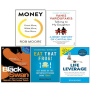 Collection of five non-fiction paperback books by Brian Tracy, Rob Moore, Yanis Varoufakis, Nassim Nicholas Taleb, vintage style, diverse authors.