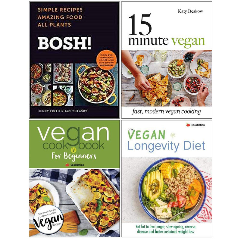 Set of four BOSH! vegan cookbook books by Ian Theasby and Henry Firth, featuring simple, quick, plant-based recipes for healthy living.