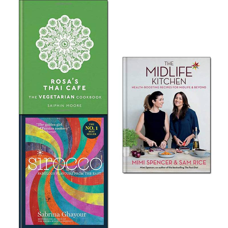 Three hardcover vegetarian cookbooks from the Midlife Kitchen, Sirocco, and Rosa's Thai Cafe collection by Sabrina Ghayour, Mitchell Beazley.