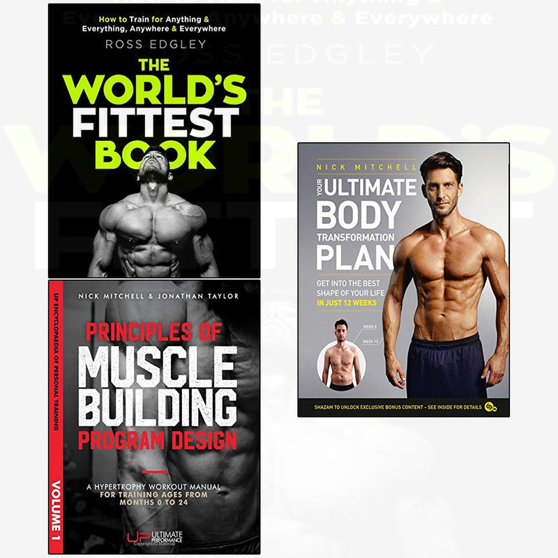 Set of three fitness books by Ross Edgley on muscle building principles, including Sphere and Harper Thorsons editions.