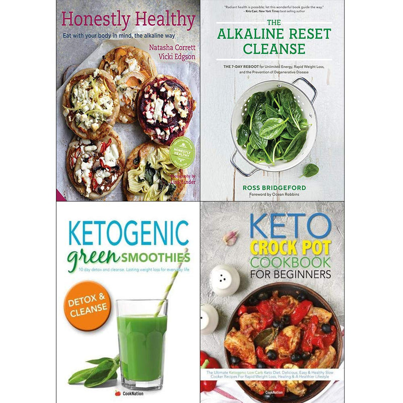Collection of four Honestly Healthy cookbooks by Vicki Edgson, Natasha Corrett, and Ross Bridgeford featuring alkaline reset and healthy recipes.