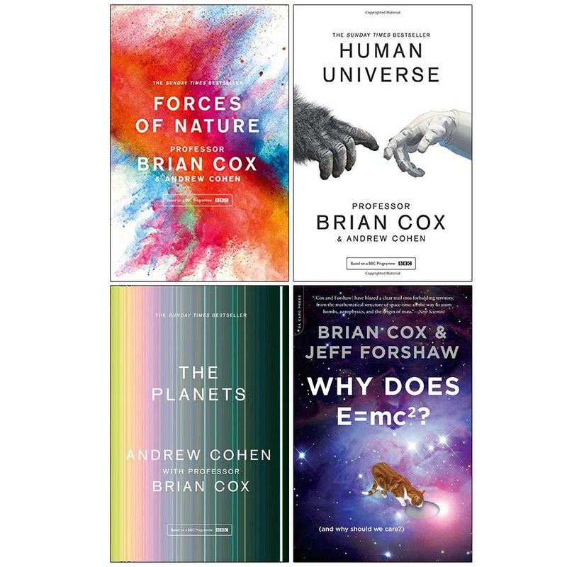 Collection of four paperback science books by Professor Brian Cox, Andrew Cohen, and Jeff Forshaw on forces, planets, human universe, and E=mc2.