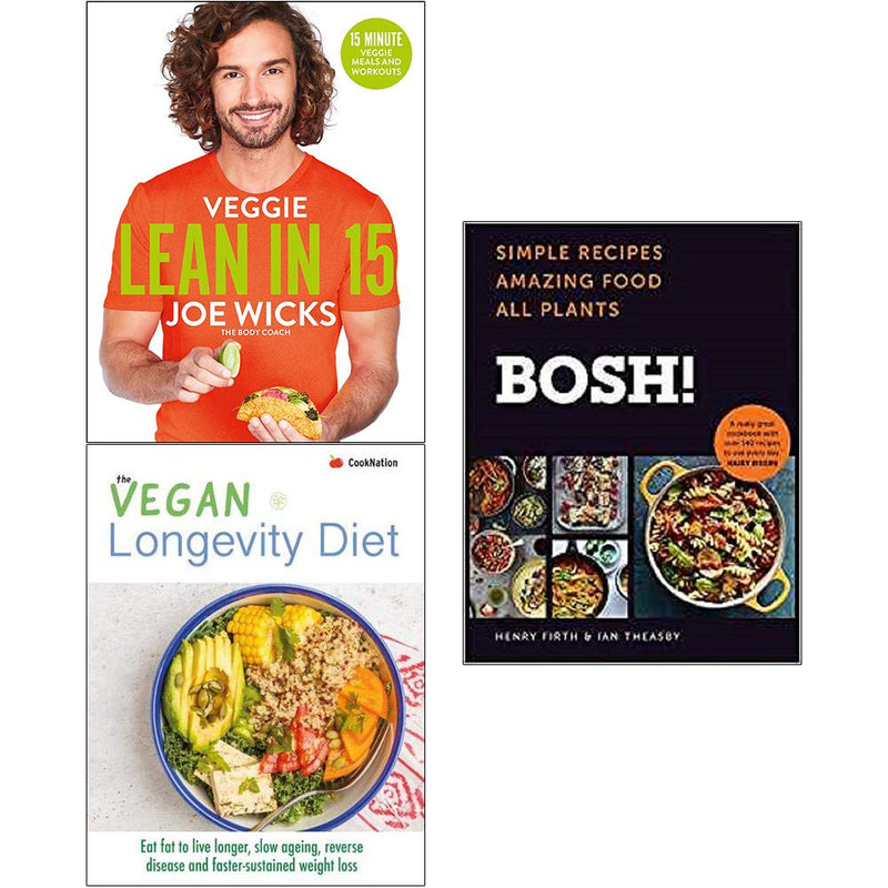 Collection of three vegan cookbooks by Ian Theasby, Henry Firth, and Joe Wicks featuring simple, healthy recipes in various formats.
