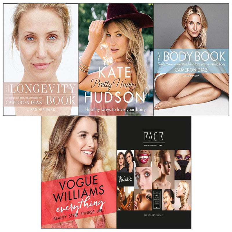 Collection of five non-fiction books by Cameron Diaz, including The Body Book, The Longevity Book, and Pretty Happy, with vibrant covers.
