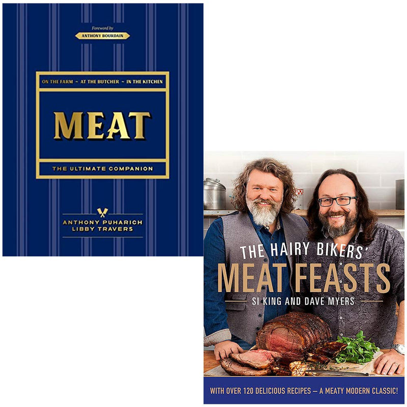 The Hairy Bikers' Meat Feasts 2-book collection set by the Hairy Bikers, hardcover cookbooks with meat recipes and food photography.