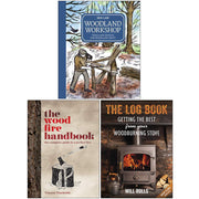 Set of three books from the Woodland Workshop collection by Ben Law, featuring the Wood Fire Handbook and Log Book in mixed formats.
