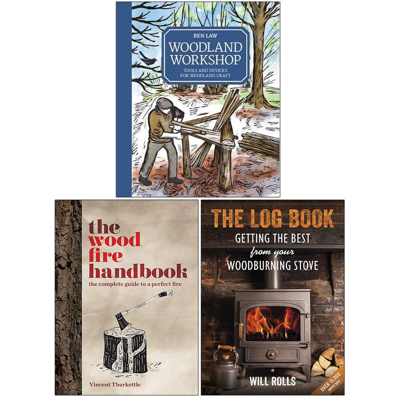 Set of three books from the Woodland Workshop collection by Ben Law, featuring the Wood Fire Handbook and Log Book in mixed formats.
