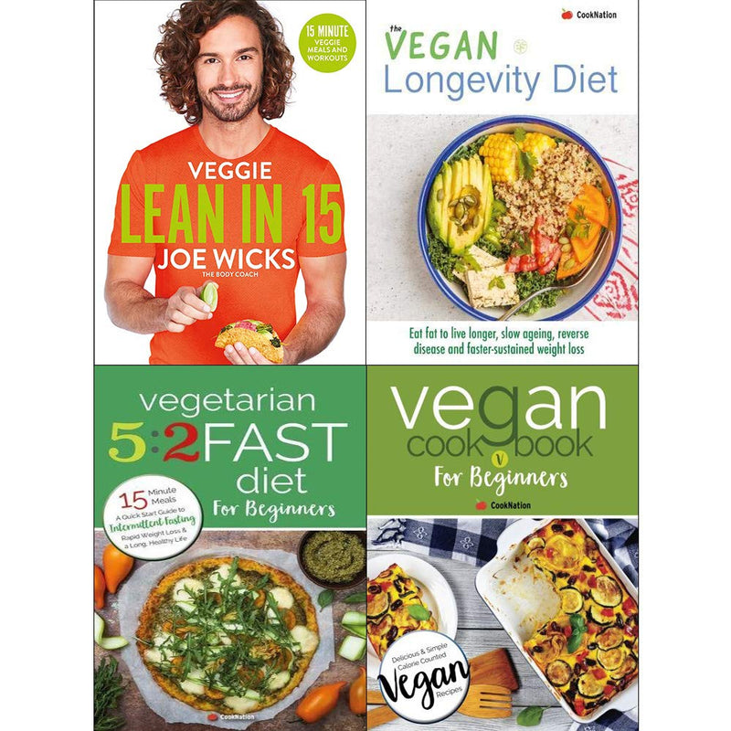 Four paperback books from the Veggie Lean in 15 collection by Joe Wicks and Iota, focusing on vegan longevity and vegetarian fasting diet.