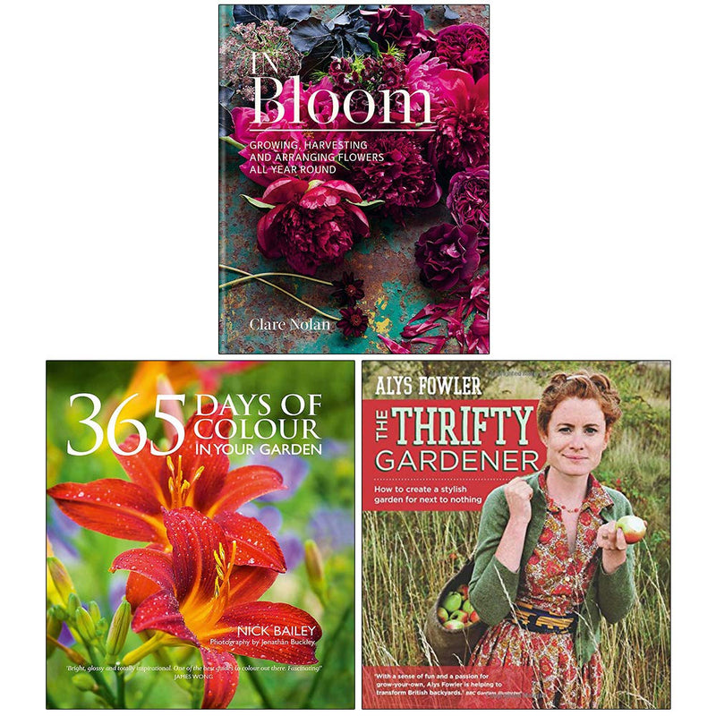 Set of three hardcover gardening books by Clare Nolan, including In Bloom, 365 Days of Colour, and The Thrifty Gardener, for garden enthusiasts.