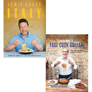 Two hardcover cookbooks from Jamie Oliver's Gennaro's Fast Cook Italian and Jamie Cooks Italy 2 collection, featuring Italian recipes.