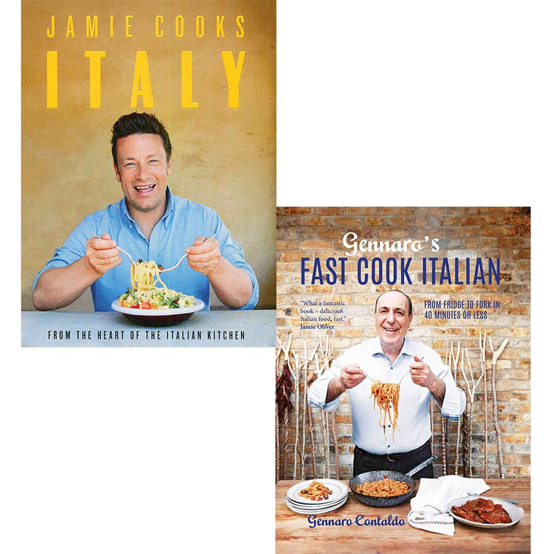 Two hardcover cookbooks from Jamie Oliver's Gennaro's Fast Cook Italian and Jamie Cooks Italy 2 collection, featuring Italian recipes.