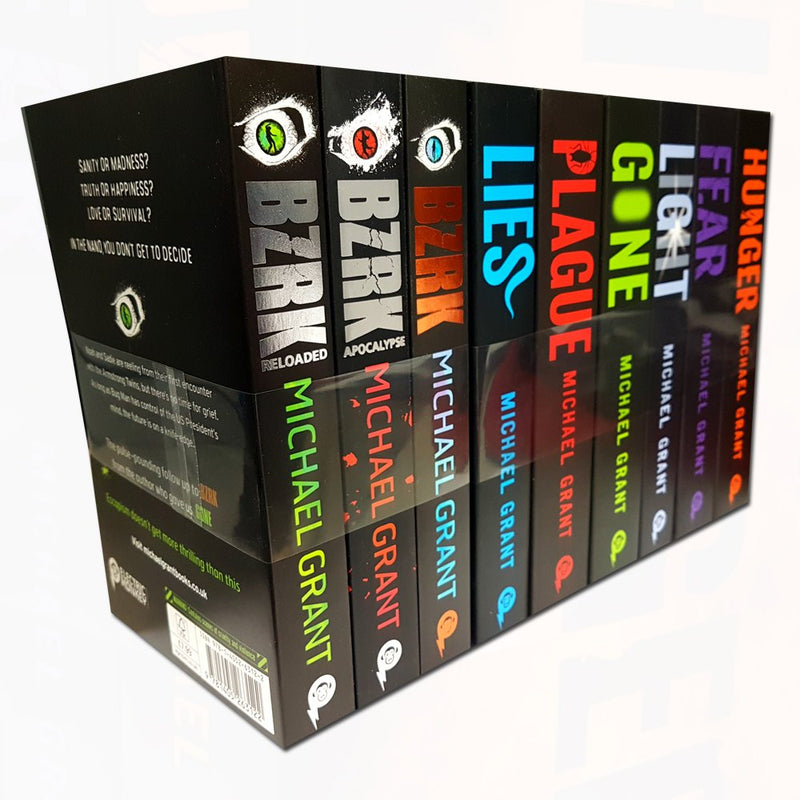 Collection of nine paperback fiction books by Michael Grant, including Fear, Gone, and BZRK, displayed together.