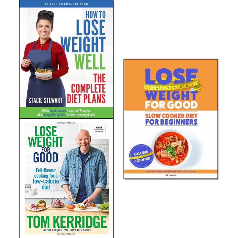 Set of three nonfiction books on healthy weight loss by Stacie Stewart, Tom Kerridge, and Iota Publishing, in mixed formats.